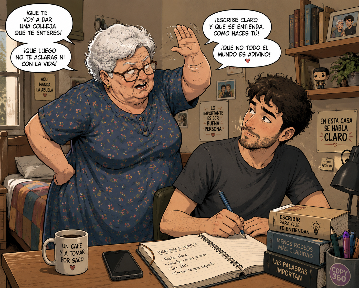 imagen de una abuela haciendo un amago de darle una colleja a su nieto porque no se entiende lo que escribe